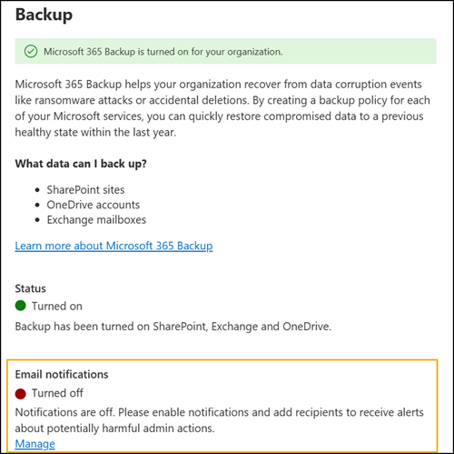 Enable email notifications for Microsoft 365 Backup