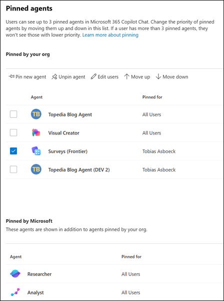 Edit, remove, or reorder your pinned agent