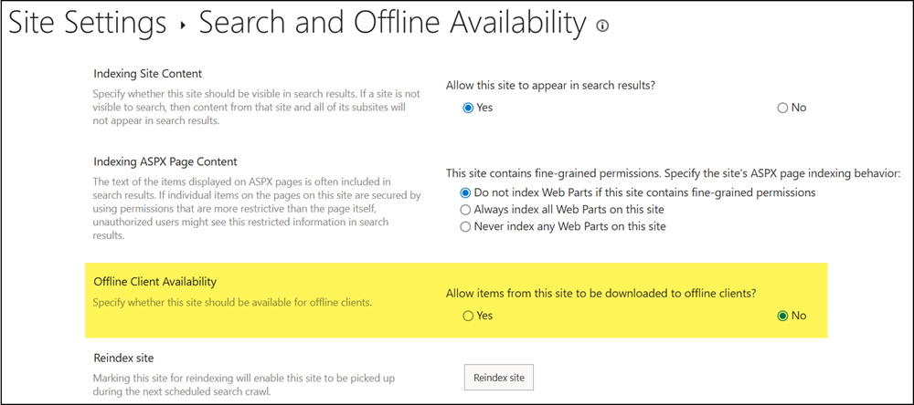 Offline client availability for the SharePoint site