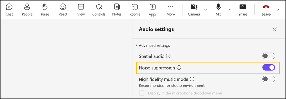 Noise suppression in Teams meeting audio settings
