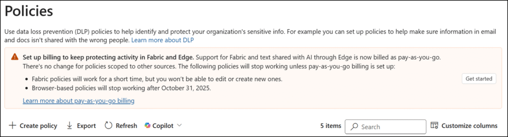 Microsoft Purview PAYG subscription is required for specific DLP policies