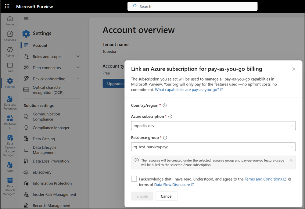 Changing the billing model in the Purview admin portal