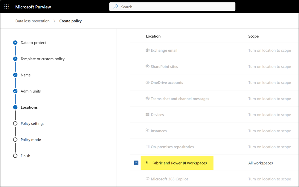 DLP policies for Microsoft Fabric are unavailable if Purview PAYG is not configured