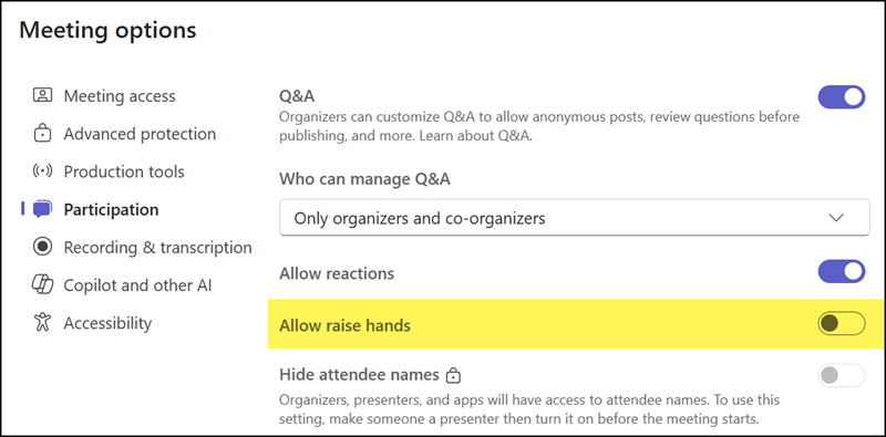 Allow raise hands in Town hall event options