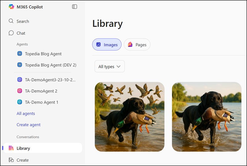 Screenshot showing AI-generated images in the new Copilot library