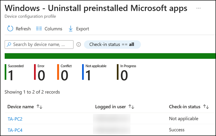 Unsupported devices have the status "Not applicable"