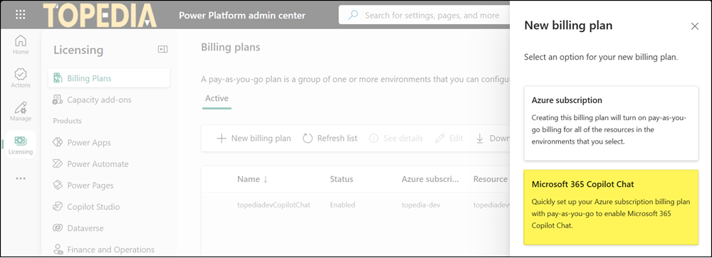 Creating a new Microsoft 365 Copilot Chat PAYG billing plan in the Power Platform admin center