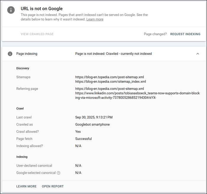 Index state for a page in Google Webmasters