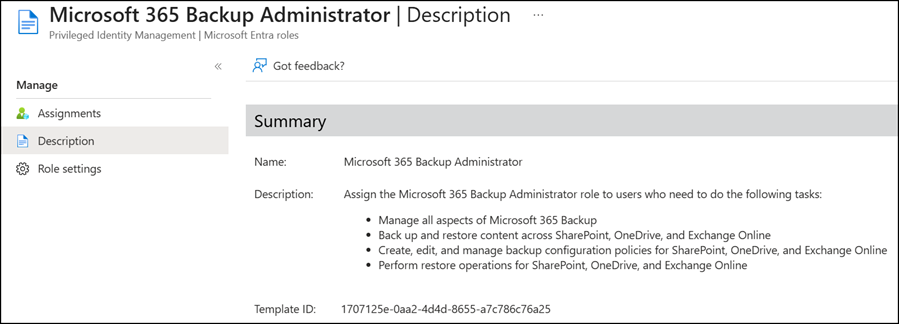 Admin role: Microsoft 365 Backup Administrator