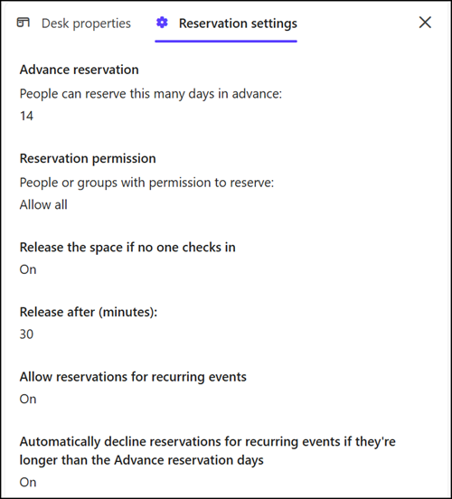 Reservation settings are defined