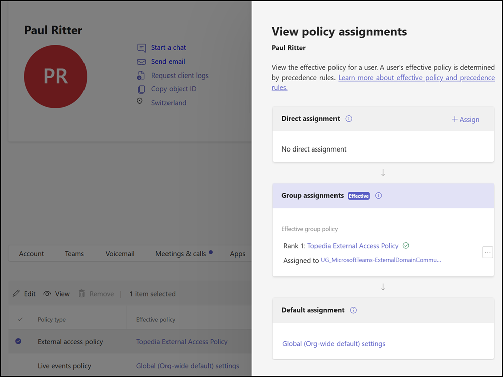 Group-based external access policy is assigned