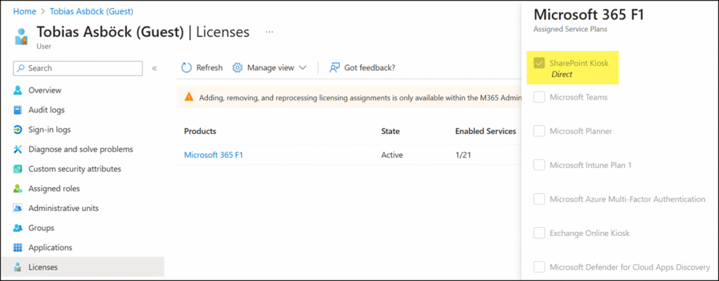 SharePoint service plan is assigned to a guest account