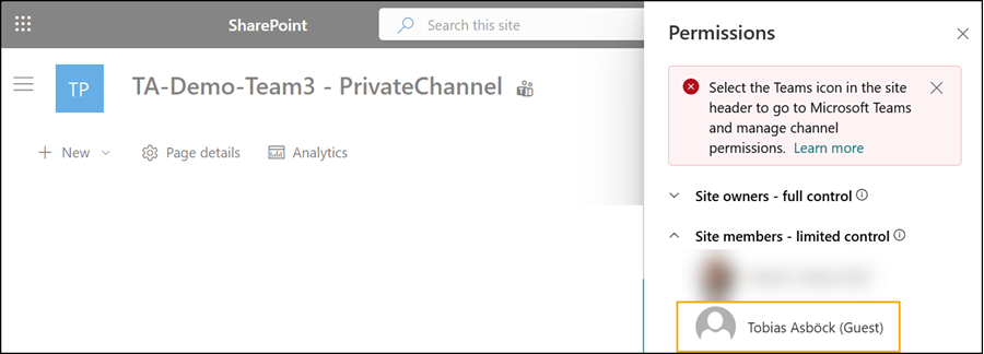 The licensed guest account is synced from a Teams private channel