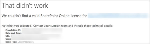 Guest received an error stating he didn’t have a SharePoint license