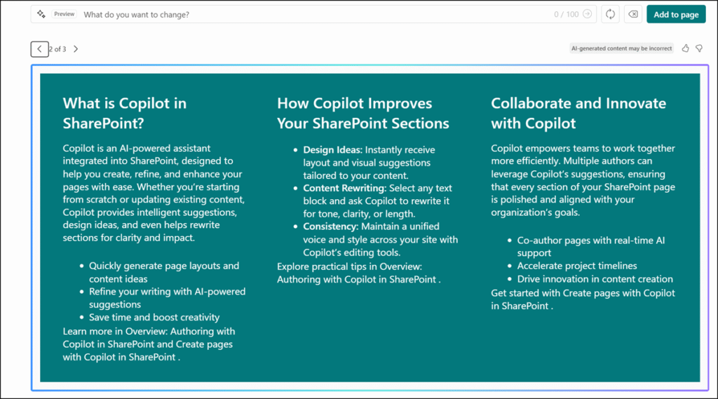 Example of an AI-generated SharePoint section
