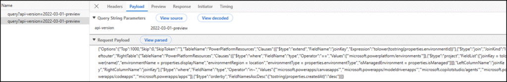 Default query for the Power Platform Inventory