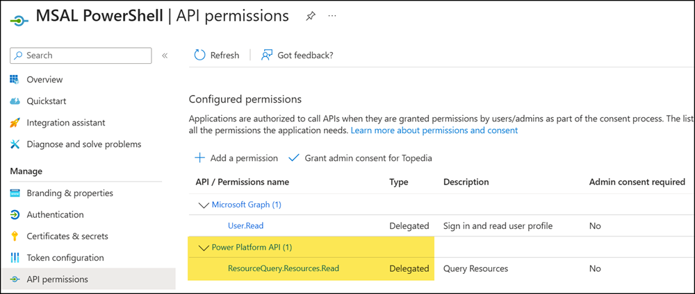 App registration for MSAL PowerShell
