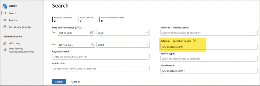 Searching for IDCRLSuccessSignIn activities in Purview Audit Logs