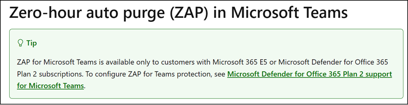 ZAP in Teams is currently limited to Defender for Office 365 Plan 2