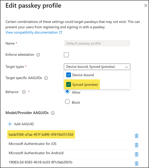 Define your default passkey profile