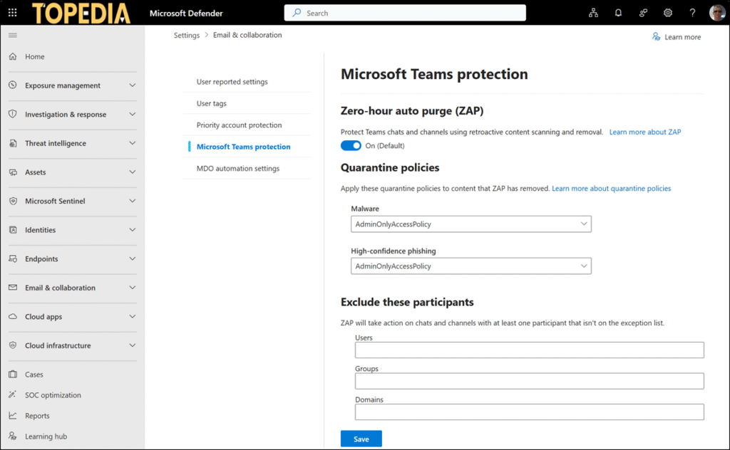 ZAP in Microsoft Teams configuration in the Defender Admin Portal