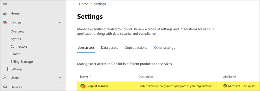 Copilot Frontier settings in the Microsoft 365 Admin Center