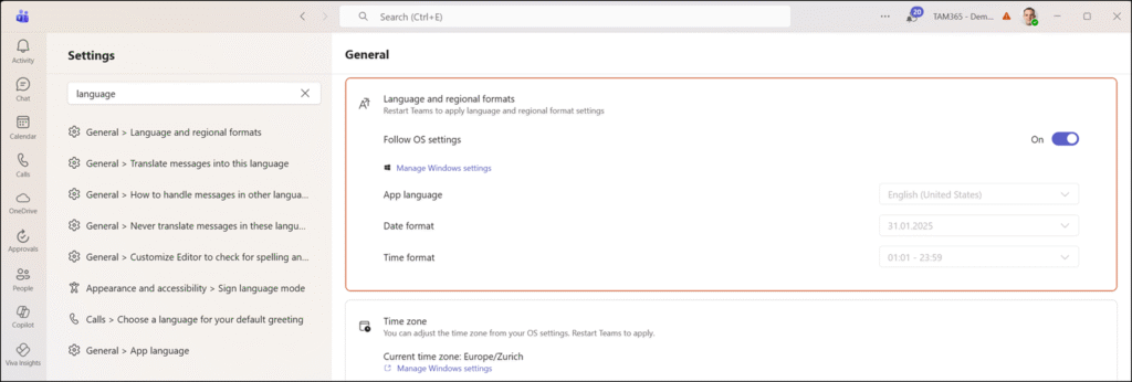 Search in Teams Settings
