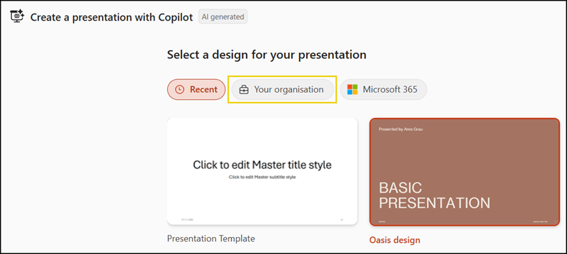 Copilot can design a PowerPoint presentation using organizational templates