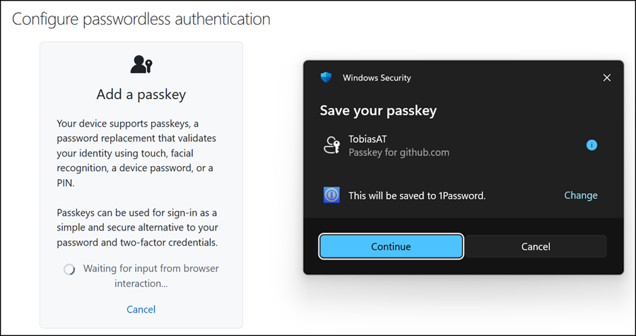 Save the passkey in 1Password (instead of Windows)
