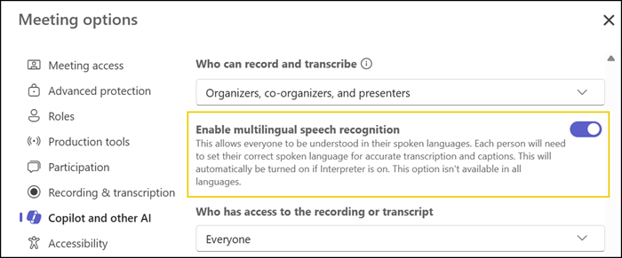 Multilingual Speech Recognition for organizers with a Teams Premium or Microsoft 365 Copilot license