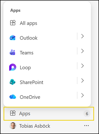 Your M365 apps are now listed in the footer