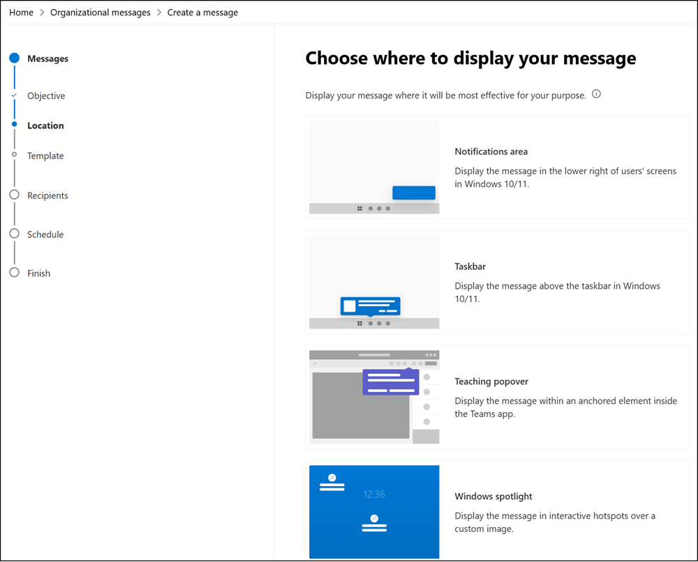 Current delivery channels for Organizational Messages in Microsoft 365