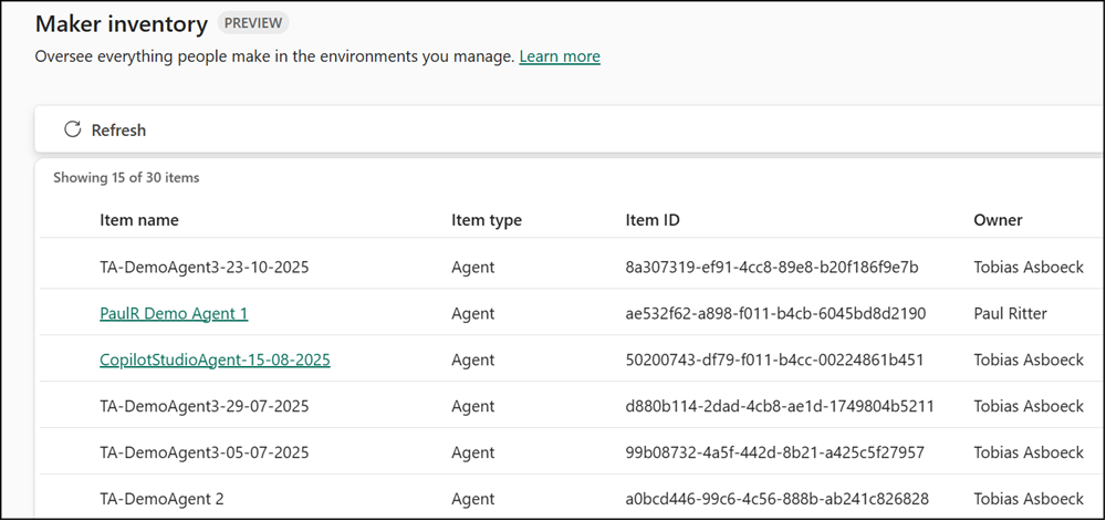 Copilot Studio agents in the Power Platform Inventory