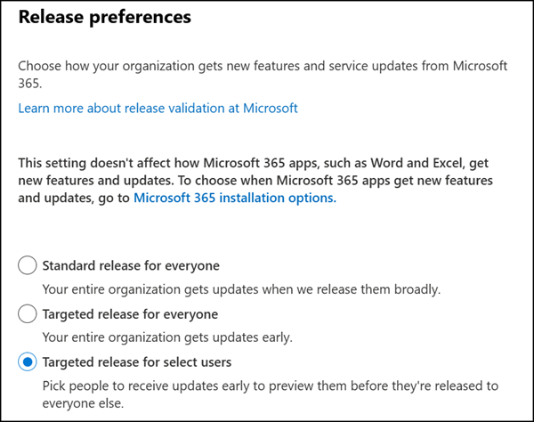 Tenant release preferences control the release mode for the new Outlook