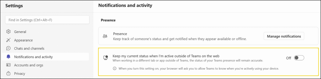 "Keep my current status when I'm active outside of Teams on the web" as a new Teams option
