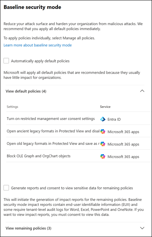 Baseline Security Mode settings