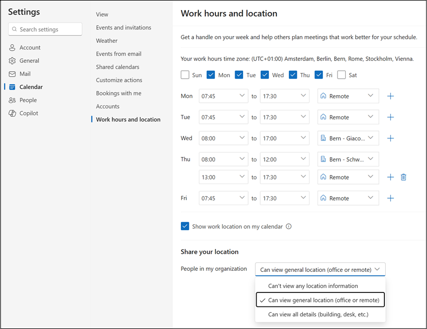 Work hours and location in Outlook