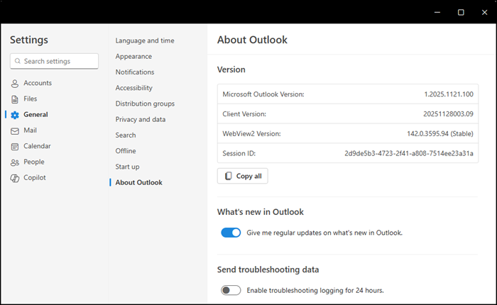 The new Outlook in standard release mode (the release channel is not visible)