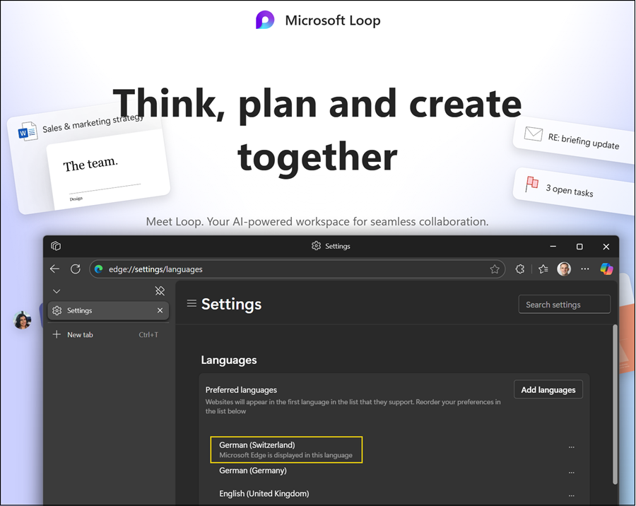 de-CH is an unsupported regional format, so the language of Loop on the web is English (US)