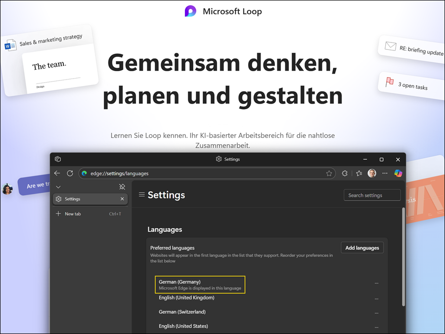 de-DE is a supported regional format, so the language of Loop on the web is German