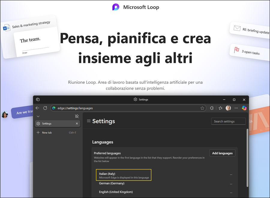 it-IT is a supported regional format, so the language of Loop on the web is Italian