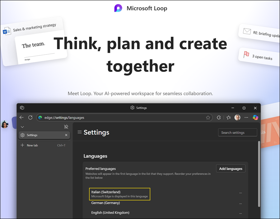 it-CH is an unsupported regional format, so the language of Loop on the web is English (US)