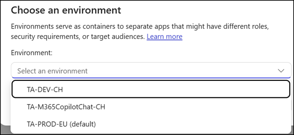 Select a Power Platform environment to host the agent