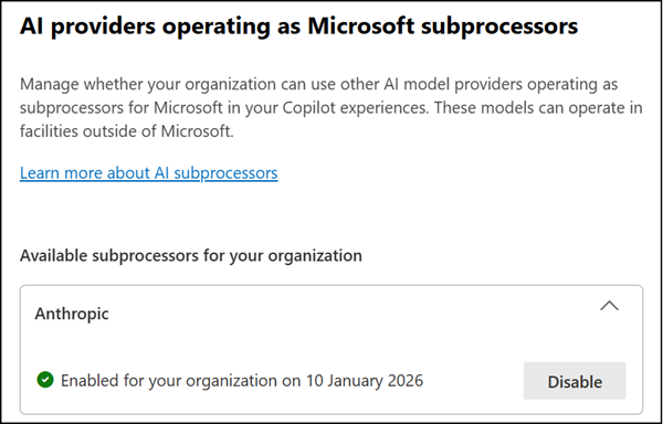 Anthropic as a subprocessor must be enabled