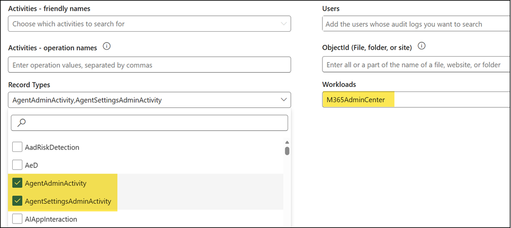 Copilot Agent Audit Log Search