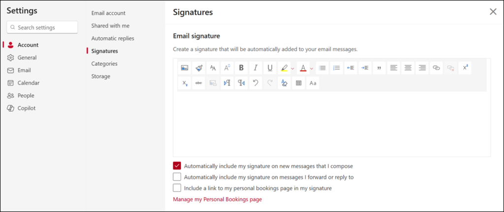 The old email signature editor in Outlook on the web