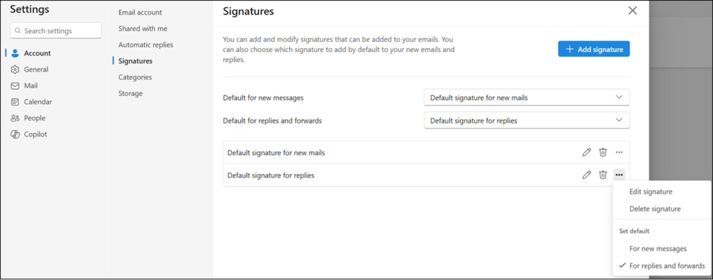 Signatures are synchronized between Outlook on the web and the new Outlook
