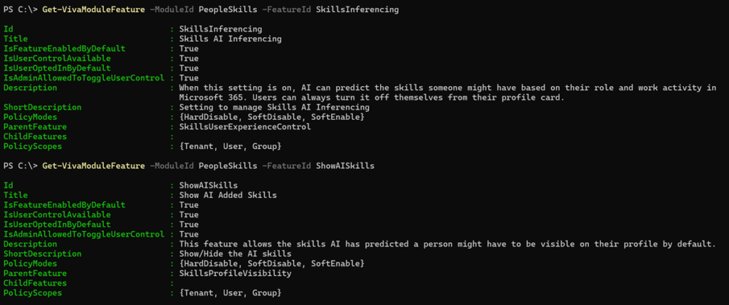 All settings for the SkillsInferencing and ShowAISkills features are enabled by default