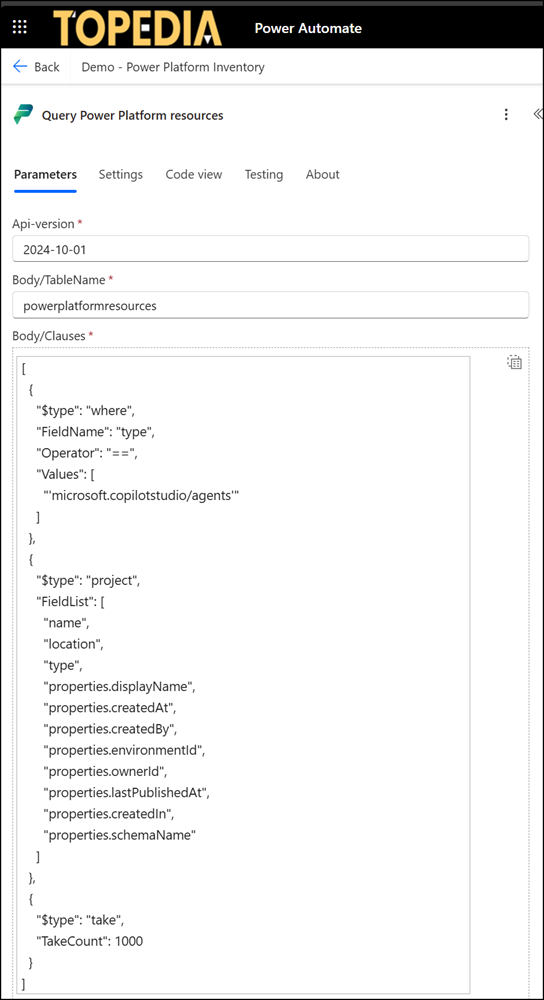 Use the action "Query Power Platform resources"