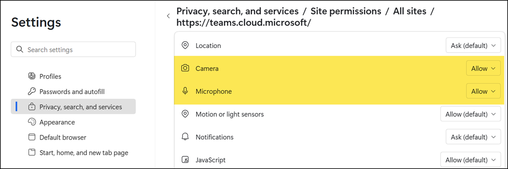 Browser permissions for Microsoft Teams